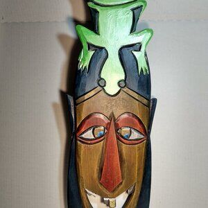 Hand Carved Happy Face With Gold Leaf Front Tooth & Lizard Hand Painted On Wood